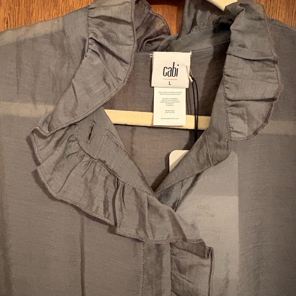 CAbi Ruffle Collar Button-Front Blouse in Gray